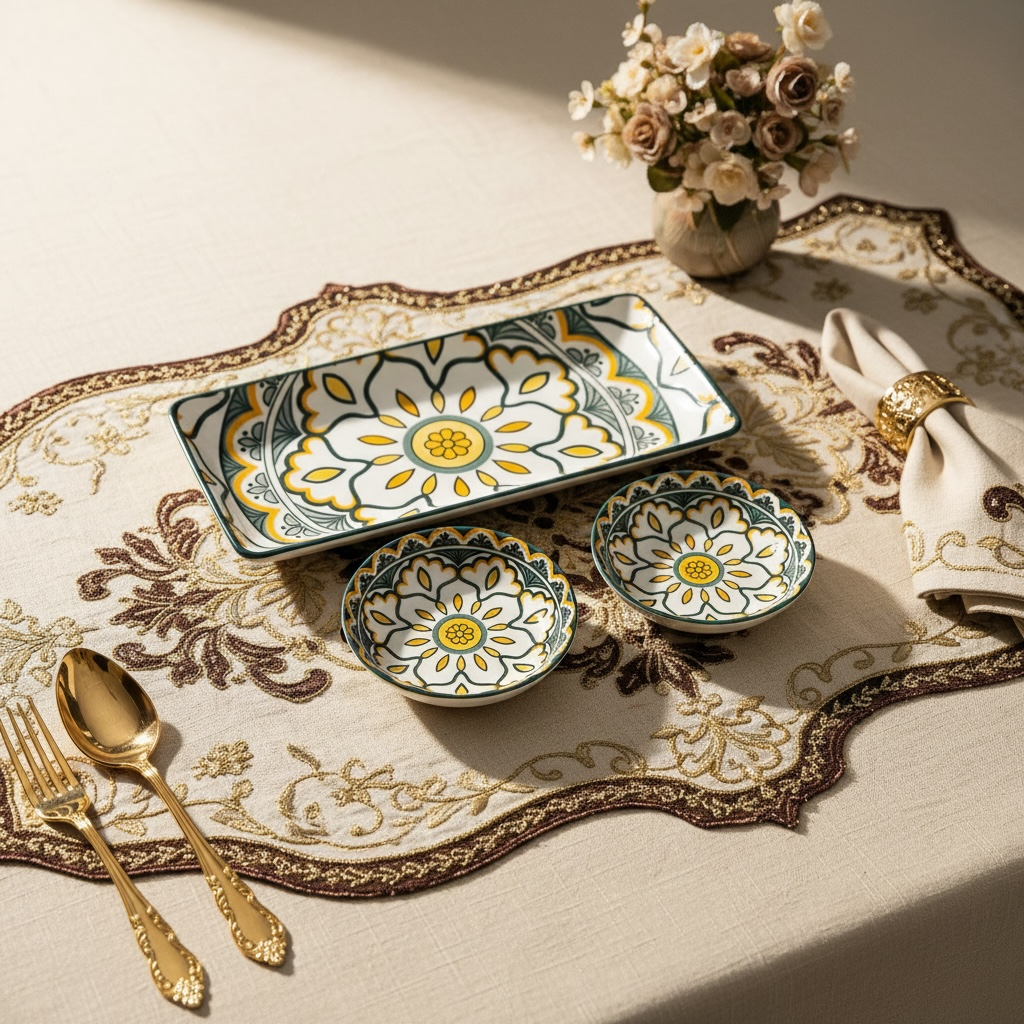 Sunburst Floral Premium Finest Ceramic Serving Platter ,Flat Platter + Dip Bowls (Set of 6)