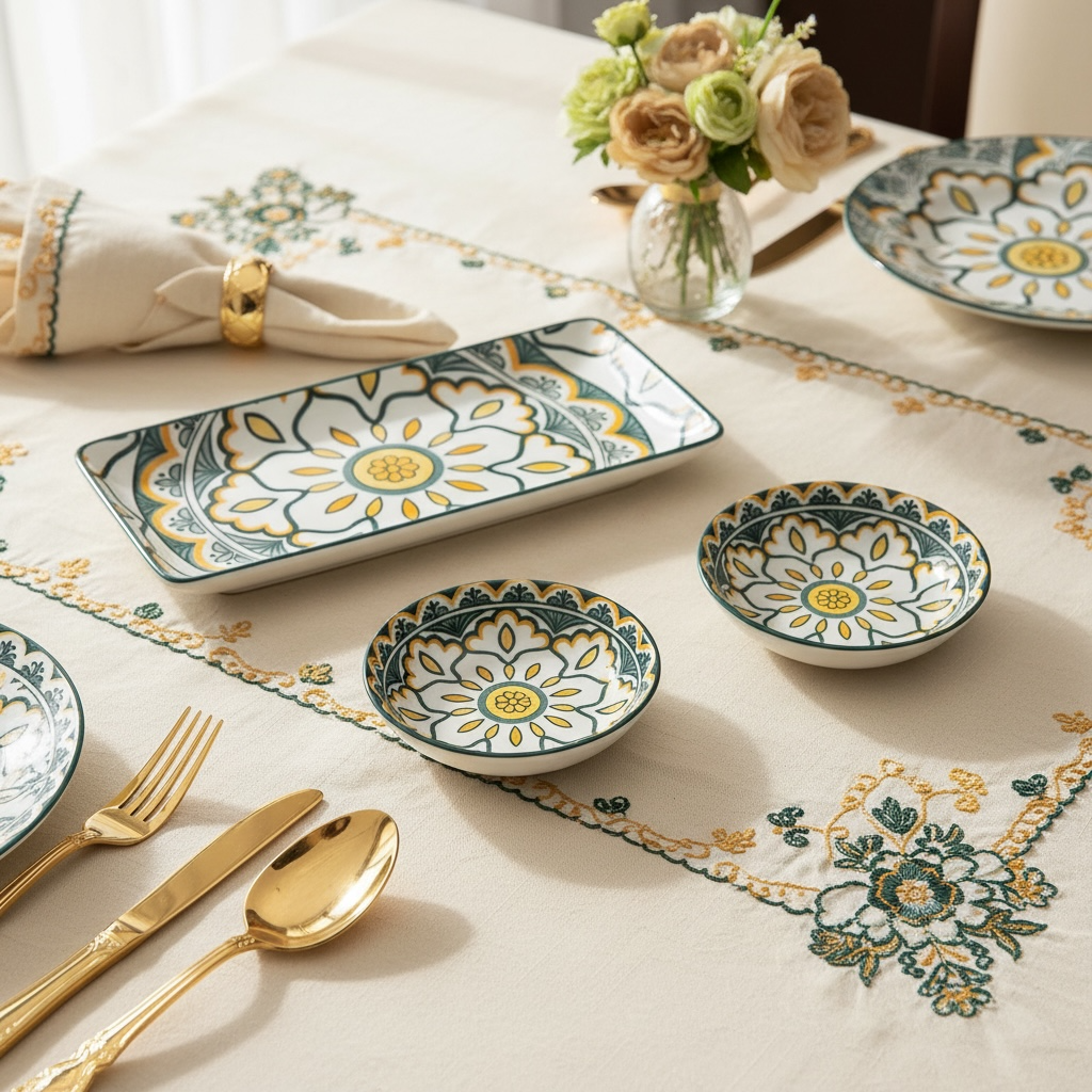 Sunburst Floral Premium Finest Ceramic Serving Platter ,Flat Platter + Dip Bowls (Set of 6)