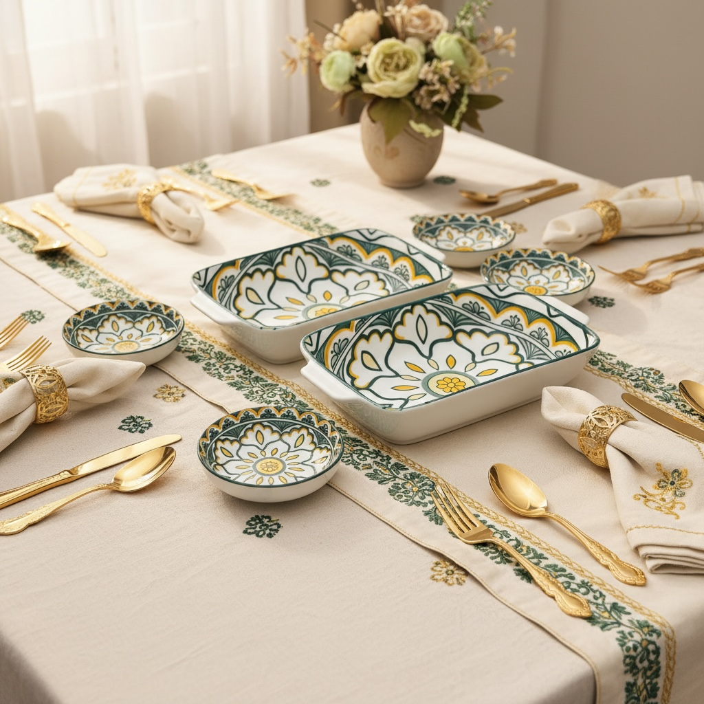 Sunburst Floral Porcelain Serving Platter + Dip Bowls (Set of 4)