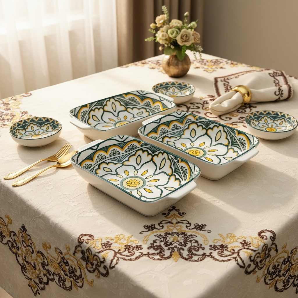 Sunburst Floral Porcelain Serving Platter + Dip Bowls (Set of 4)