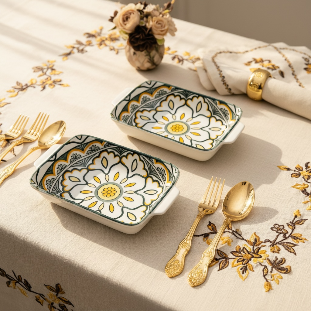 Sunburst Floral Porcelain Serving Platter + Dip Bowls (Set of 4)