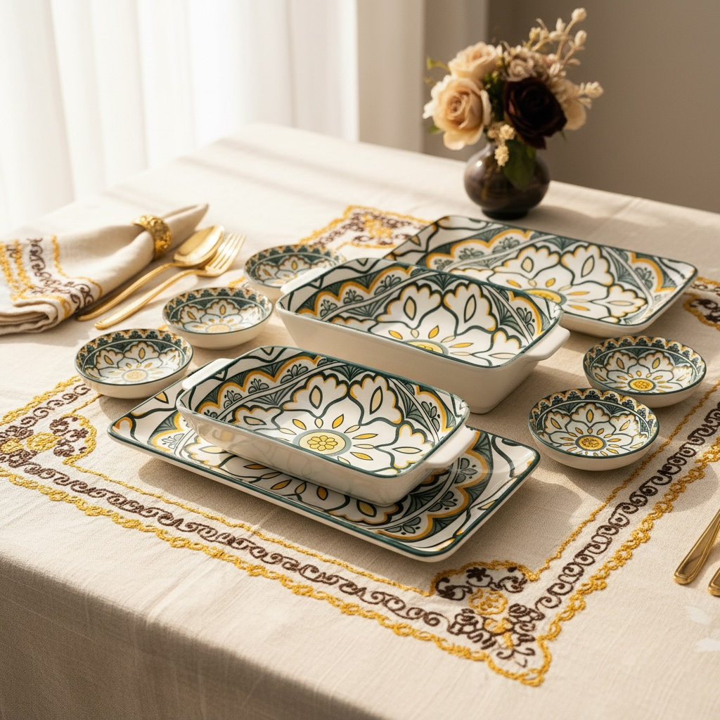 Sunburst Floral Porcelain Serving Platter + Dip Bowls (Set of 4)