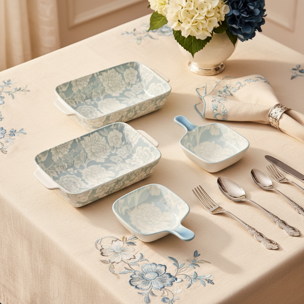 Blue Bloom Porcelain Handled Platter + Dip Bowl Set (Set of 4)