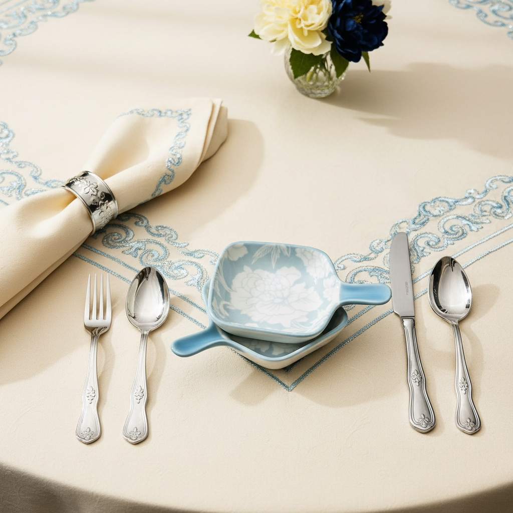 Blue Bloom Porcelain Handled Platter + Dip Bowl Set (Set of 4)