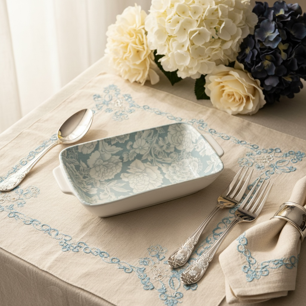Blue Bloom Porcelain Handled Platter + Dip Bowl Set (Set of 4)