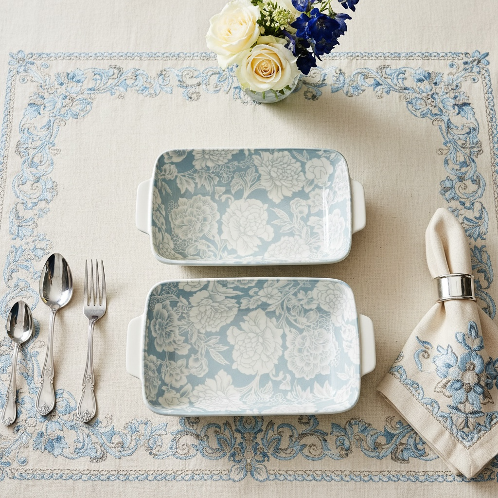 Blue Bloom Porcelain Handled Platter + Dip Bowl Set (Set of 4)