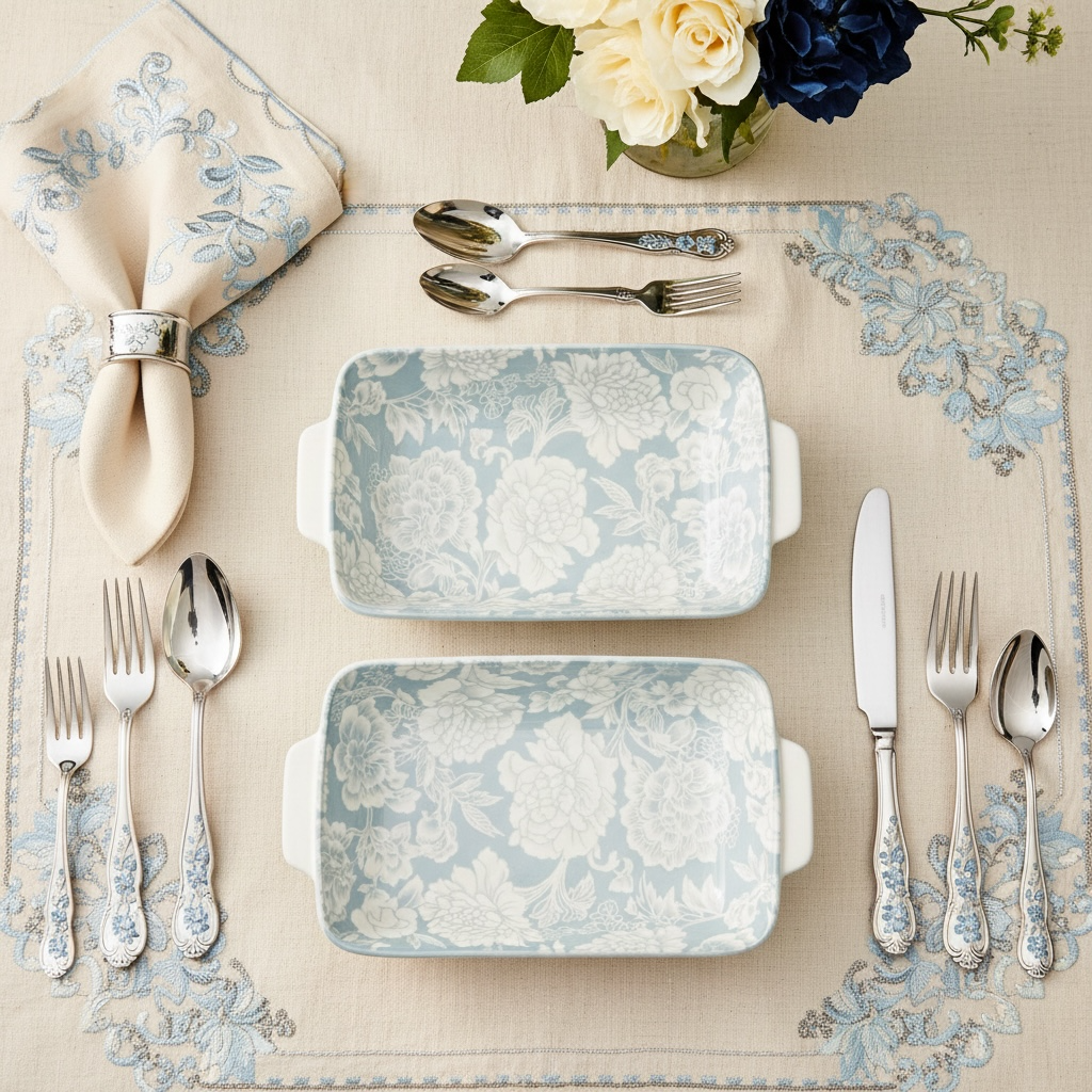 Blue Bloom Porcelain Handled Platter + Dip Bowl Set (Set of 4)