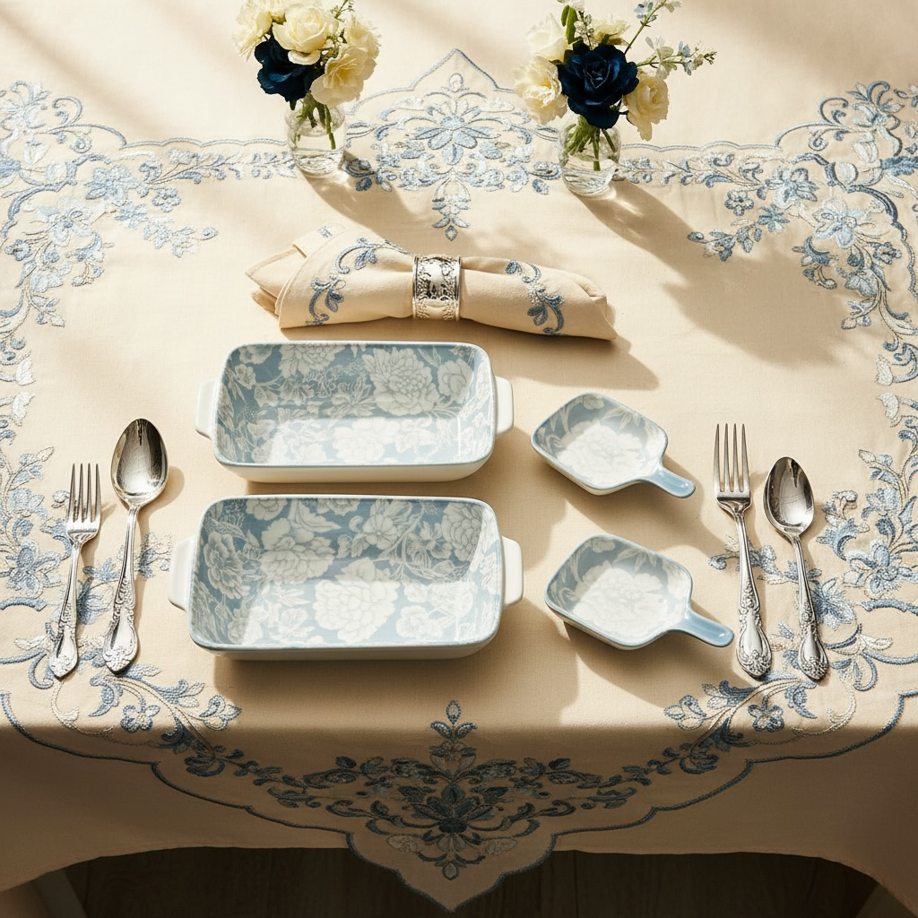 Blue Bloom Porcelain Handled Platter + Dip Bowl Set (Set of 4)