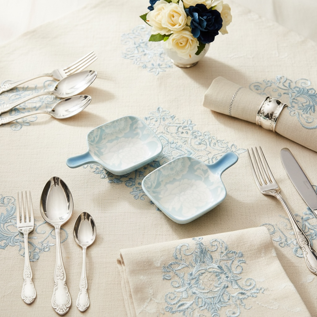 Blue Bloom Porcelain Handled Platter + Dip Bowl Set (Set of 4)