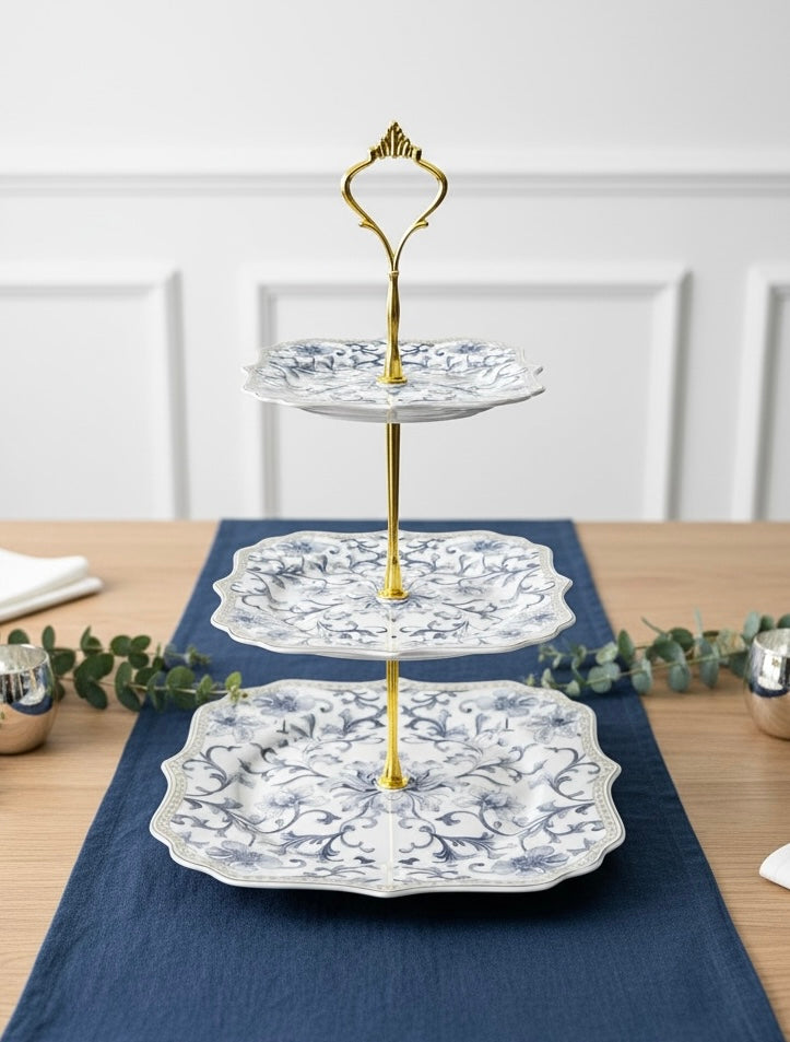 Somerset Garden Tea-Snack-Desert Stand Set (31 Pieces; 6 Cups, 6 Saucers, 6 Snack plates, 6 Bowls & 6 Spoons & 3-Tier Desert Stand)
