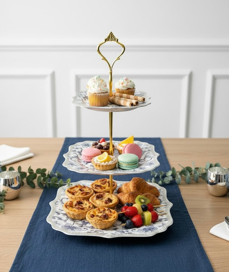 Somerset Garden Tea-Snack-Desert Stand Set (31 Pieces; 6 Cups, 6 Saucers, 6 Snack plates, 6 Bowls & 6 Spoons & 3-Tier Desert Stand)