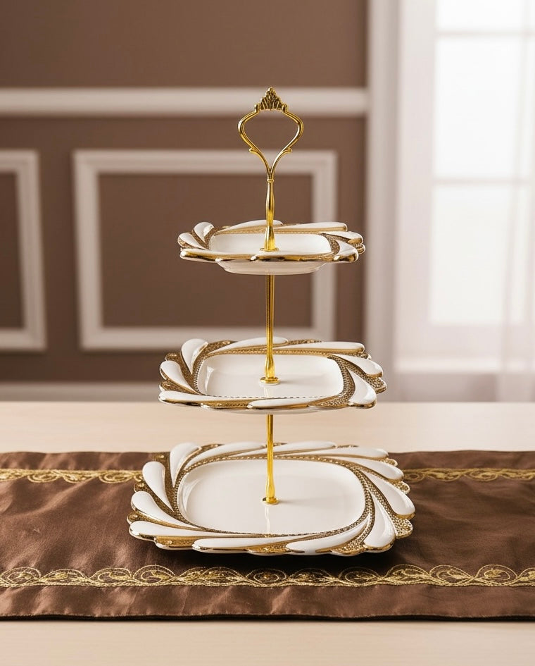 Ivory Royal Gold 3-Tier Dessert Stand (Vintage Collection, Finest Premium Porcelain, Gift Packaging)