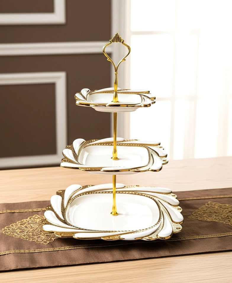 Ivory Royal Gold 3-Tier Dessert Stand (Vintage Collection, Finest Premium Porcelain, Gift Packaging)