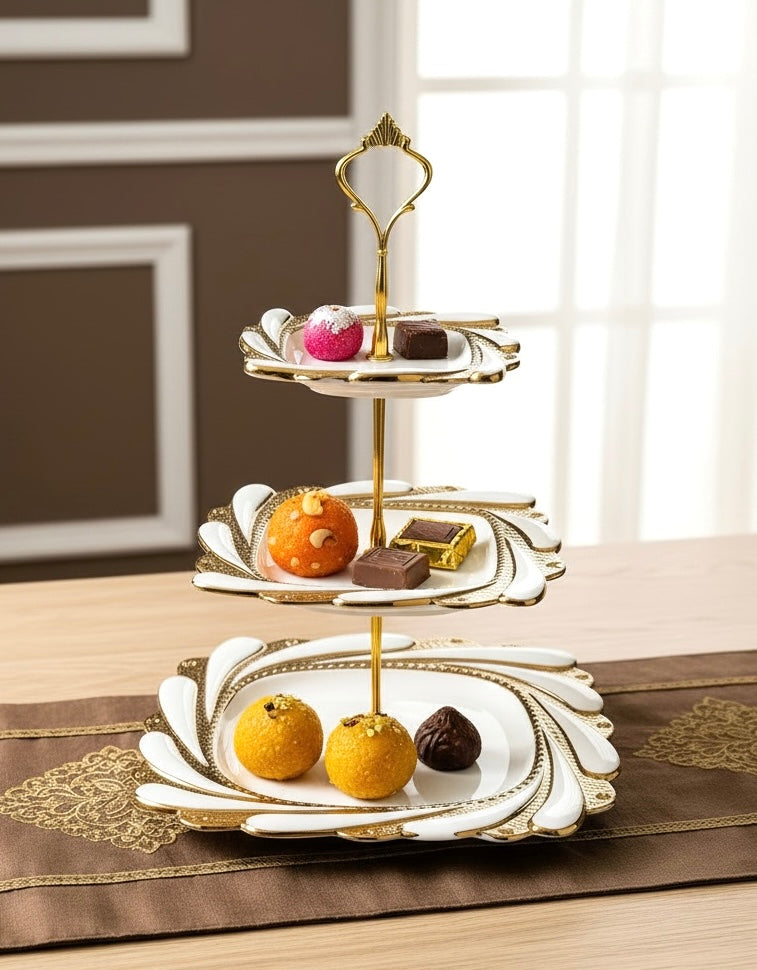 Ivory Royal Gold 3-Tier Dessert Stand (Vintage Collection, Finest Premium Porcelain, Gift Packaging)