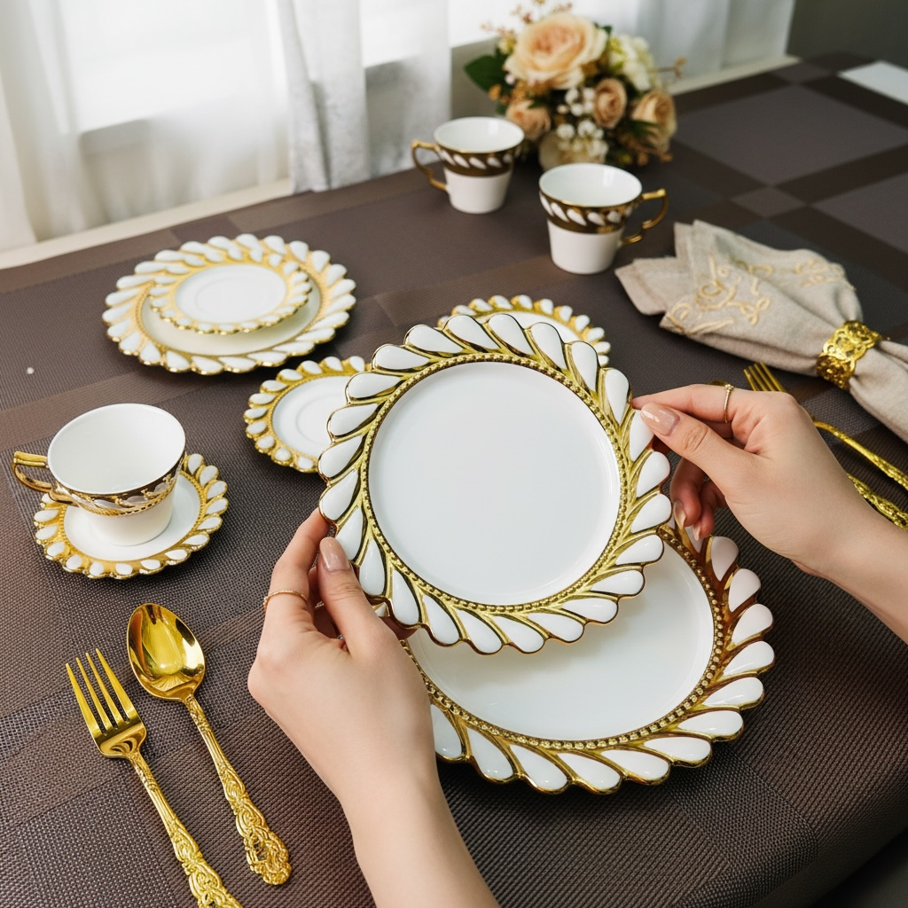 Ivory Royal Gold Tea/Coffee & Snacks Set (18 Pieces; 6 Cups, 6 Saucers, 6 Snack plates)
