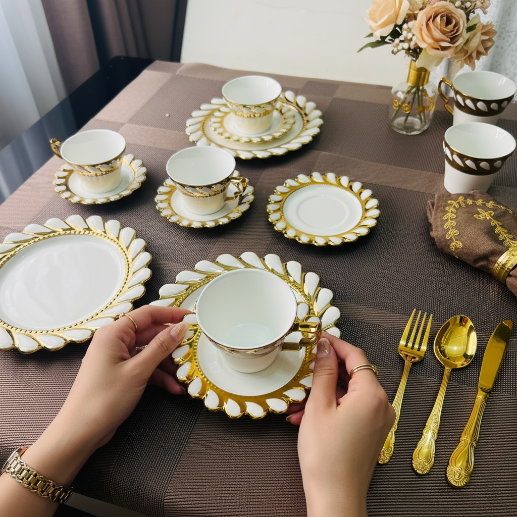 Ivory Royal Gold Tea/Coffee & Snacks Set (18 Pieces; 6 Cups, 6 Saucers, 6 Snack plates)