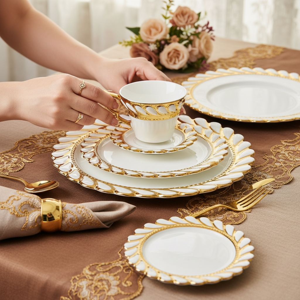 Ivory Royal Gold Tea/Coffee & Snacks Set (18 Pieces; 6 Cups, 6 Saucers, 6 Snack plates)
