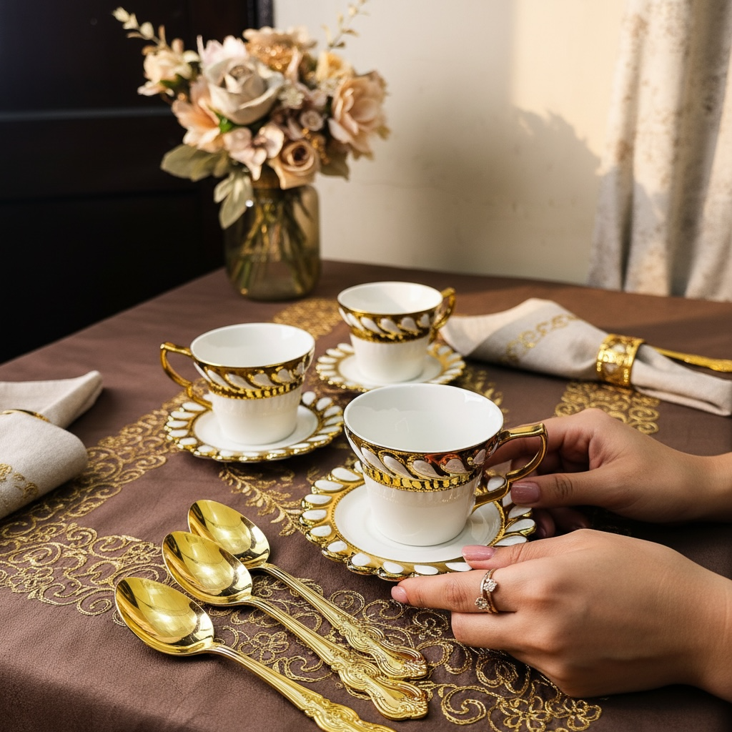 Ivory Royal Gold Tea/Coffee, Snacks & Desert Set - VALUE PACK (19 Pieces; 6 Cups, 6 Saucers, 6 Snack plates)