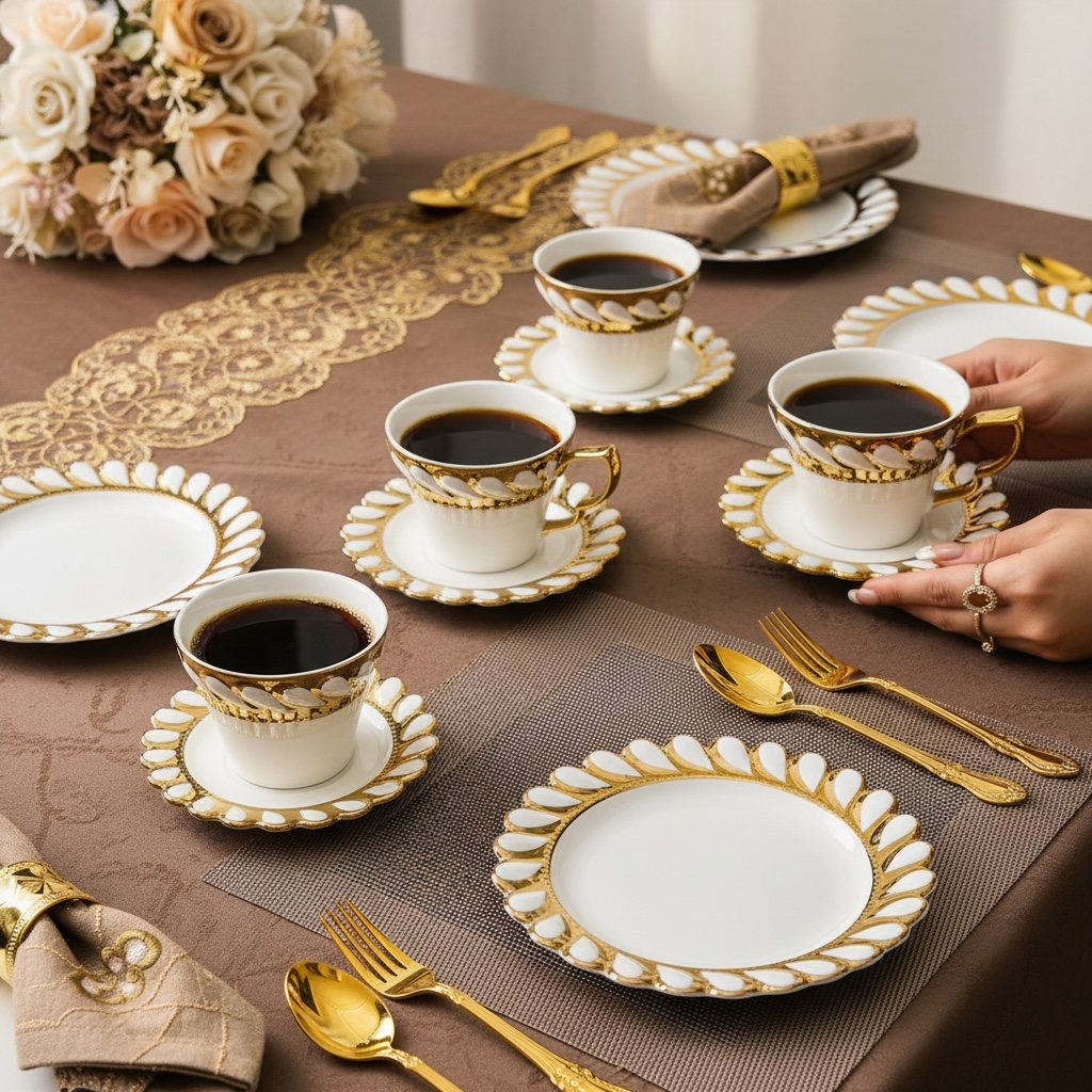 Ivory Royal Gold Tea/Coffee & Snacks Set (18 Pieces; 6 Cups, 6 Saucers, 6 Snack plates)
