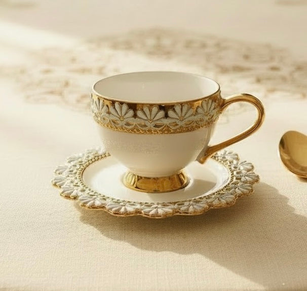 Palais de Versailles Gold Tea/Coffee & Snacks Set (24 Pieces; 6 Cups, 6 Saucers, 6 Snack plates & 6 Big Bowls)