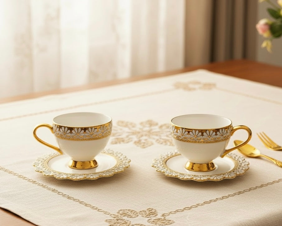 Palais de Versailles Gold Tea/Coffee & Snacks Set (24 Pieces; 6 Cups, 6 Saucers, 6 Snack plates & 6 Big Bowls)