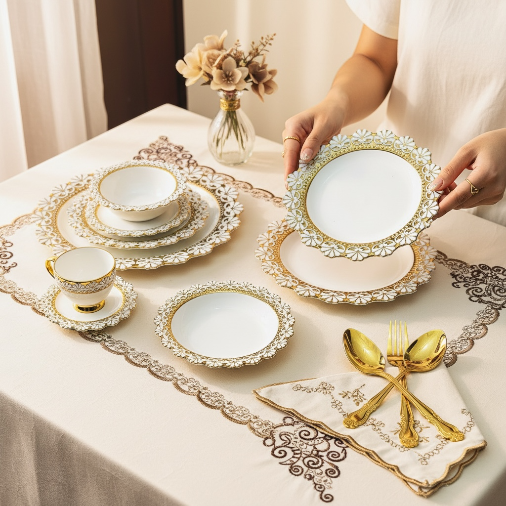 Palais de Versailles Gold Tea/Coffee & Snacks Set (24 Pieces; 6 Cups, 6 Saucers, 6 Snack plates & 6 Big Bowls)