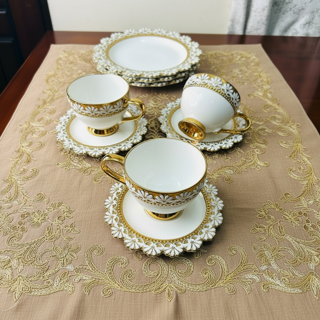 Palais de Versailles Gold Tea/Coffee & Snacks Set (24 Pieces; 6 Cups, 6 Saucers, 6 Snack plates & 6 Big Bowls)