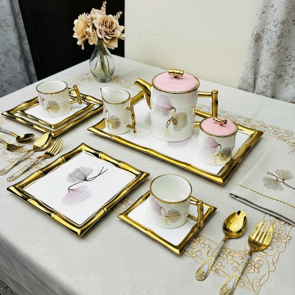 Château de Roselle Royal Tea/Coffee Snack Set - BLUSH PINK (24 Pieces; 6 Cups, 6 Saucer, Tea Pot, Sugar Pot, Milk Pot, 6 Snack Plates, 1 Tray)