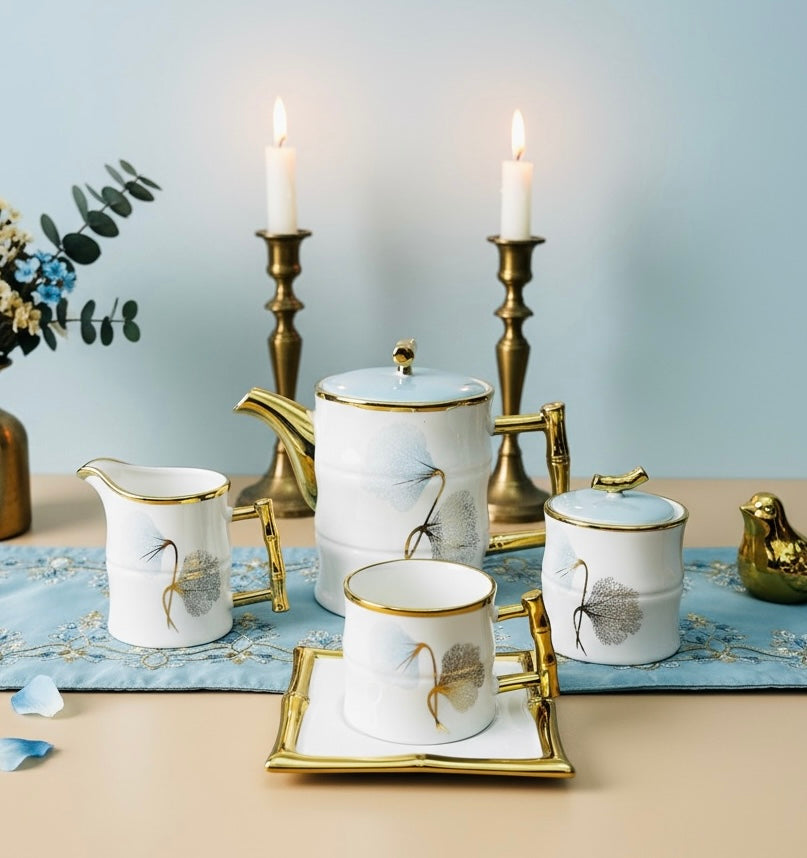 Château de Roselle Royal Tea/Coffee Snack Set - BLUSH BLUE (24 Pieces; 6 Cups, 6 Saucer, Tea Pot, Sugar Pot, Milk Pot, 6 Snack Plates, 1 Tray)