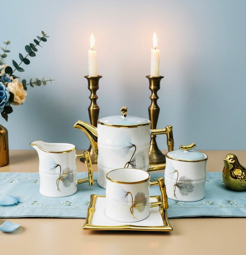Château de Roselle Royal Tea/Coffee Snack Set - BLUSH BLUE (24 Pieces; 6 Cups, 6 Saucer, Tea Pot, Sugar Pot, Milk Pot, 6 Snack Plates, 1 Tray)