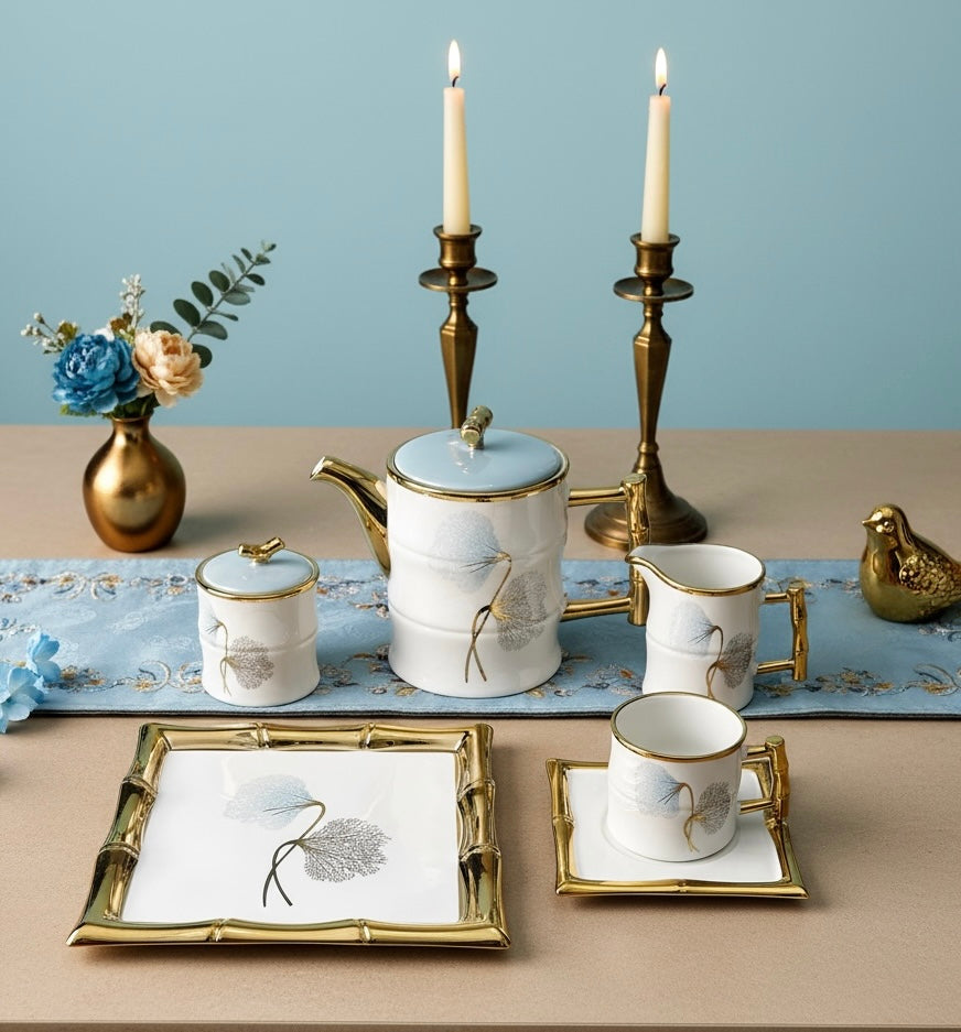 Château de Roselle Royal Tea/Coffee Snack Set - BLUSH BLUE (24 Pieces; 6 Cups, 6 Saucer, Tea Pot, Sugar Pot, Milk Pot, 6 Snack Plates, 1 Tray)