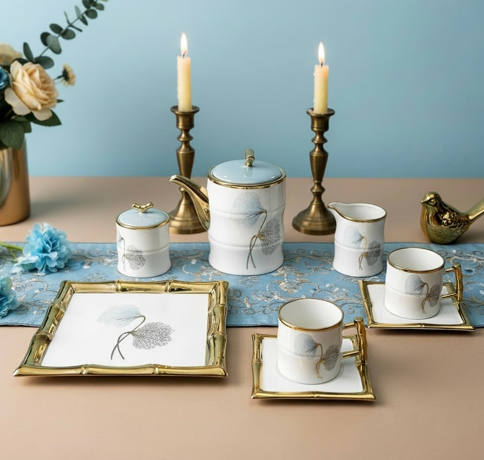 Château de Roselle Royal Tea/Coffee Snack Set - BLUSH BLUE (24 Pieces; 6 Cups, 6 Saucer, Tea Pot, Sugar Pot, Milk Pot, 6 Snack Plates, 1 Tray)