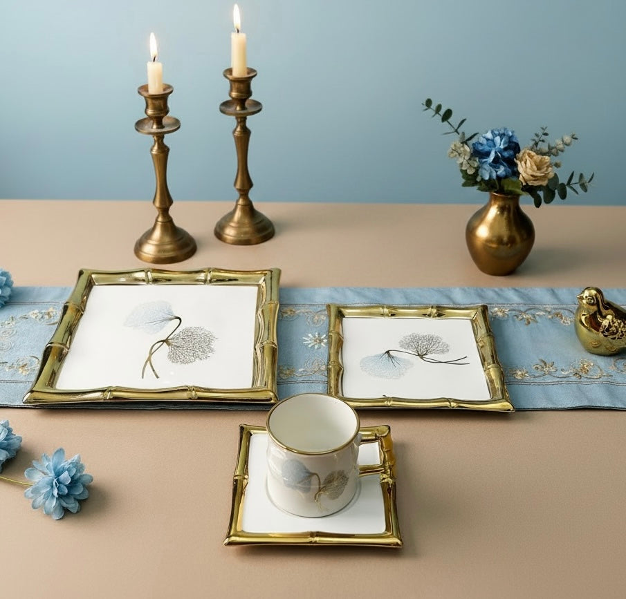 Château de Roselle Royal Tea/Coffee Snack Set - BLUSH BLUE (24 Pieces; 6 Cups, 6 Saucer, Tea Pot, Sugar Pot, Milk Pot, 6 Snack Plates, 1 Tray)