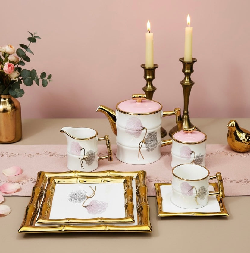 Château de Roselle Royal Tea/Coffee Snack Set - BLUSH PINK (24 Pieces; 6 Cups, 6 Saucer, Tea Pot, Sugar Pot, Milk Pot, 6 Snack Plates, 1 Tray)