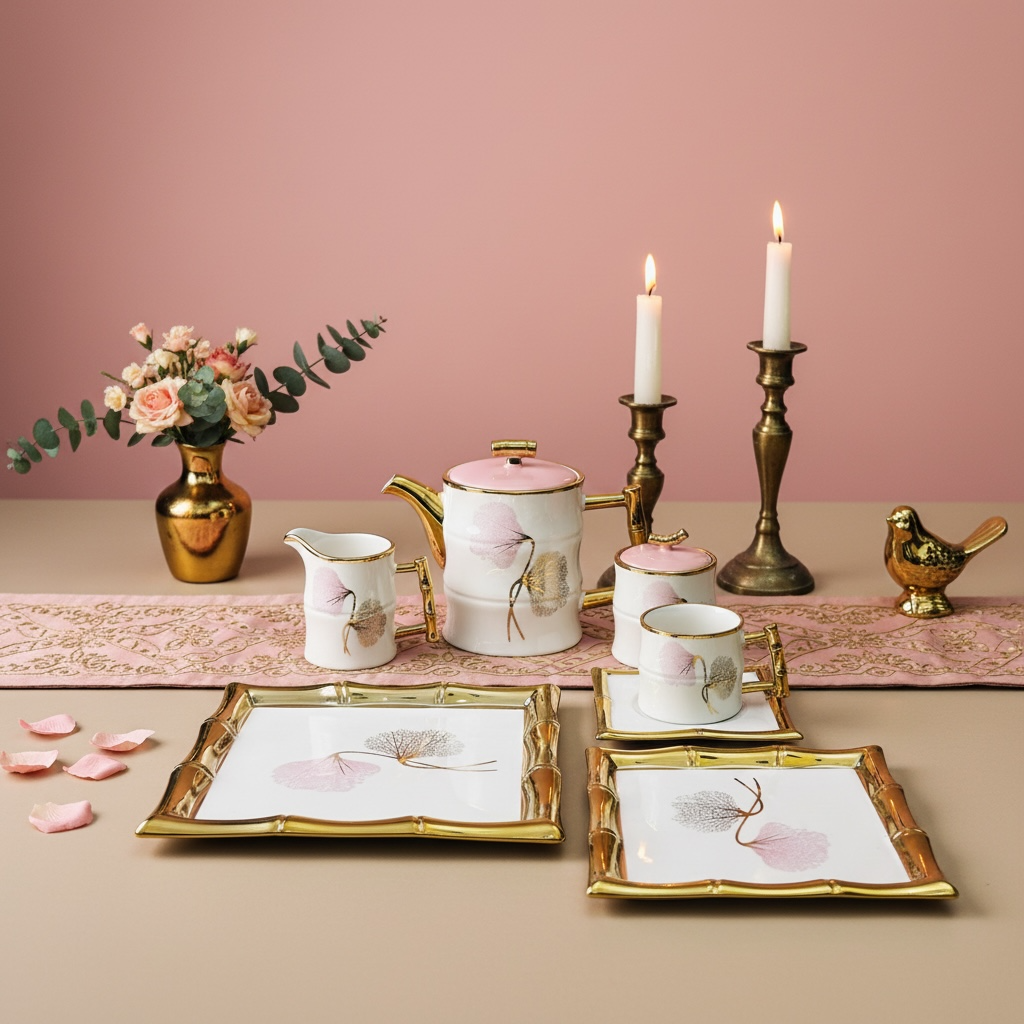 Château de Roselle Royal Tea/Coffee Snack Set - BLUSH PINK (24 Pieces; 6 Cups, 6 Saucer, Tea Pot, Sugar Pot, Milk Pot, 6 Snack Plates, 1 Tray)