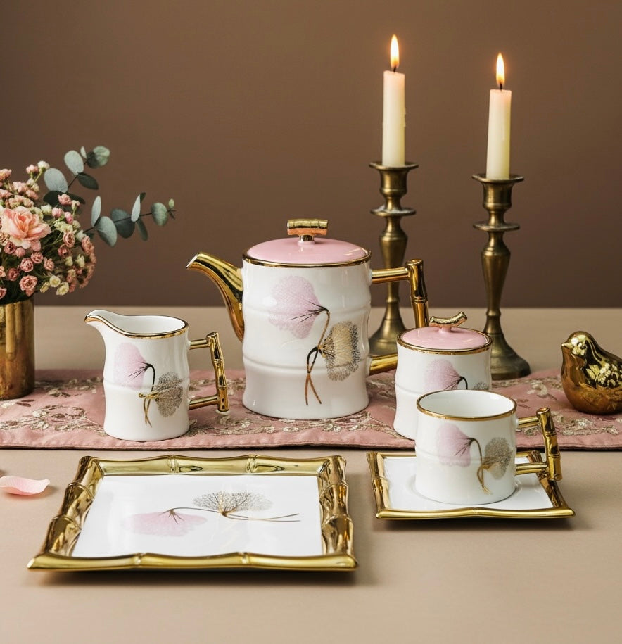 Château de Roselle Royal Tea/Coffee Snack Set - BLUSH PINK (24 Pieces; 6 Cups, 6 Saucer, Tea Pot, Sugar Pot, Milk Pot, 6 Snack Plates, 1 Tray)