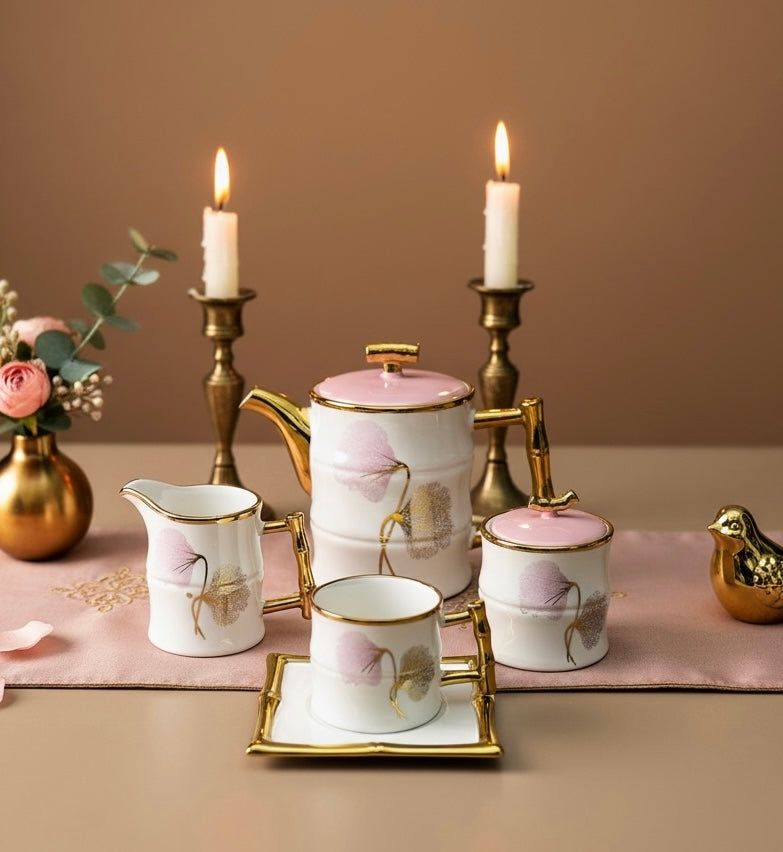 Château de Roselle Royal Tea/Coffee Snack Set - BLUSH PINK (24 Pieces; 6 Cups, 6 Saucer, Tea Pot, Sugar Pot, Milk Pot, 6 Snack Plates, 1 Tray)
