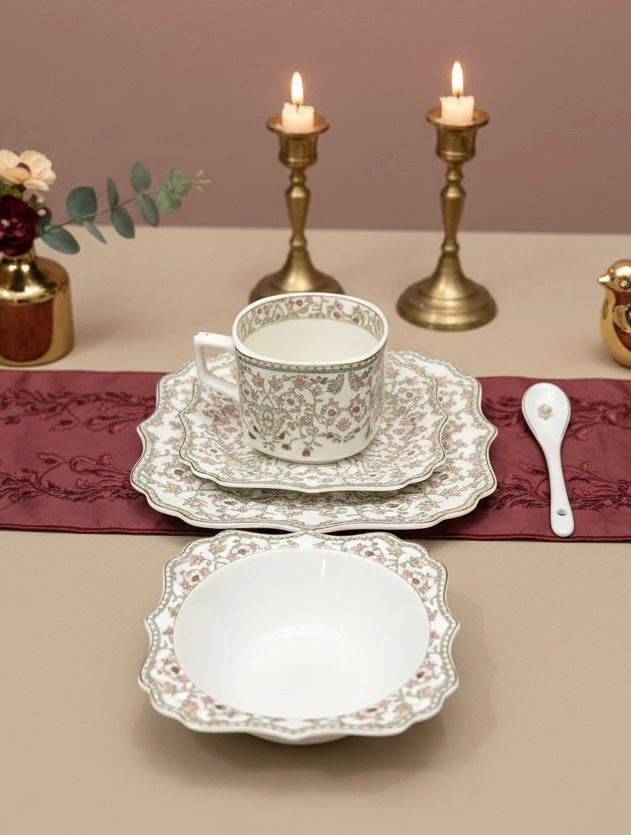 Versailles Blush Royal Tea/Coffee Snack Set (30 Pieces; 6 Cups, 6 Saucers, 6 Snack Plates, 6 Bowls & 6 Spoons