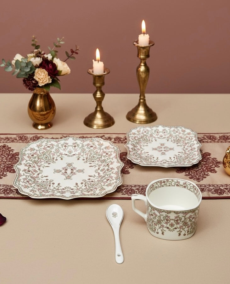 Versailles Blush Royal Tea/Coffee Snack Set (24 Pieces; 6 Cups, 6 Saucers, 6 Snack Plates & 6 Spoons