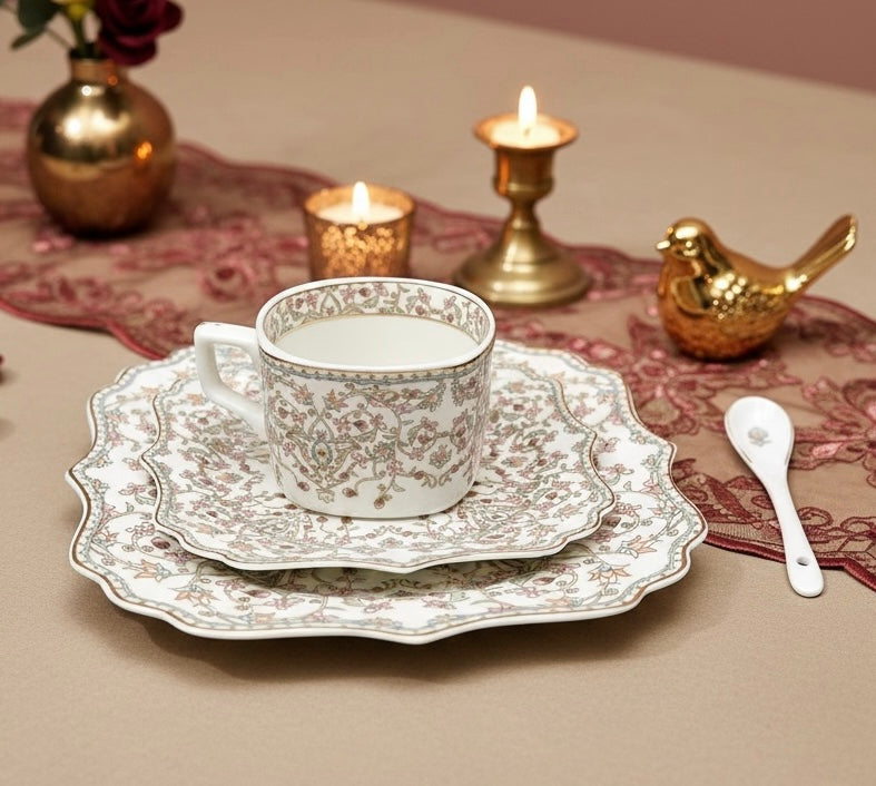 Versailles Blush Royal Tea/Coffee Snack Set (24 Pieces; 6 Cups, 6 Saucers, 6 Snack Plates & 6 Spoons