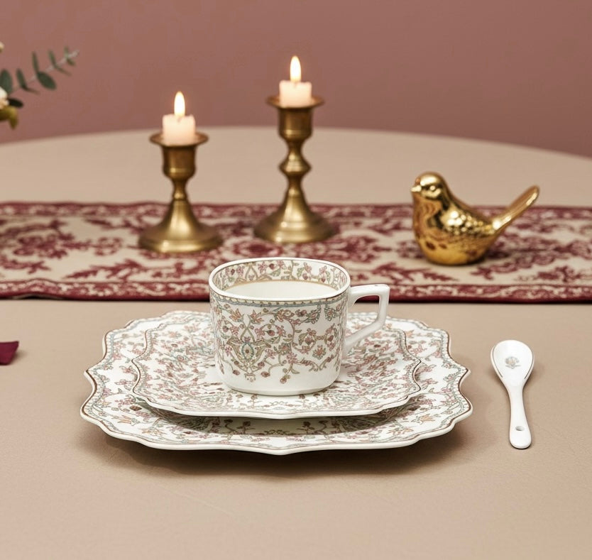 Versailles Blush Royal Tea/Coffee Snack Set (24 Pieces; 6 Cups, 6 Saucers, 6 Snack Plates & 6 Spoons