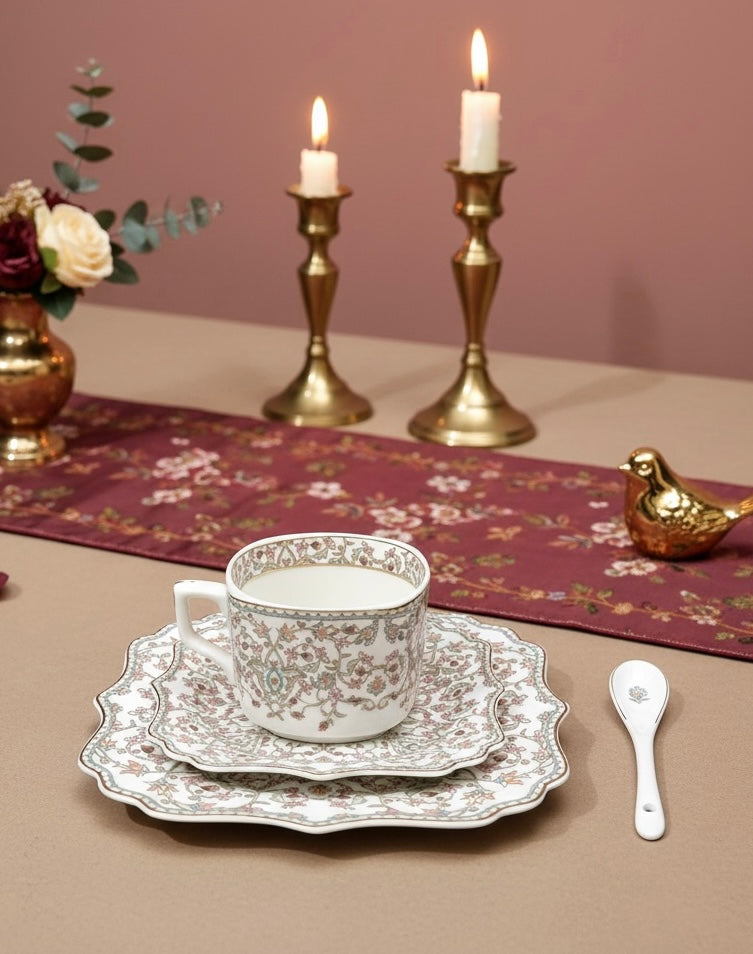 Versailles Blush Royal Tea/Coffee Snack Set (24 Pieces; 6 Cups, 6 Saucers, 6 Snack Plates & 6 Spoons