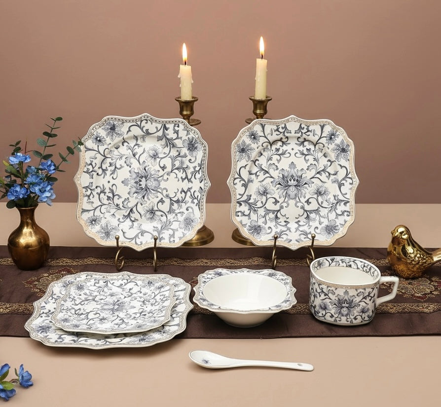 Somerset Garden Tea-Snack-Desert Stand Set (31 Pieces; 6 Cups, 6 Saucers, 6 Snack plates, 6 Bowls & 6 Spoons & 3-Tier Desert Stand)