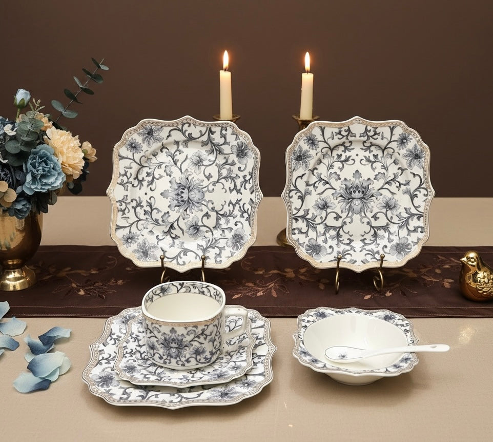 Somerset Garden Tea-Snack-Desert Stand Set (31 Pieces; 6 Cups, 6 Saucers, 6 Snack plates, 6 Bowls & 6 Spoons & 3-Tier Desert Stand)