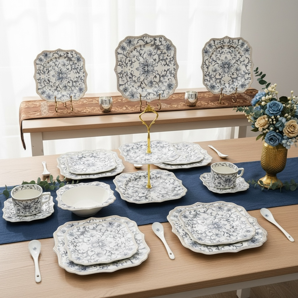 Somerset Garden Tea-Snack-Desert Stand Set (31 Pieces; 6 Cups, 6 Saucers, 6 Snack plates, 6 Bowls & 6 Spoons & 3-Tier Desert Stand)