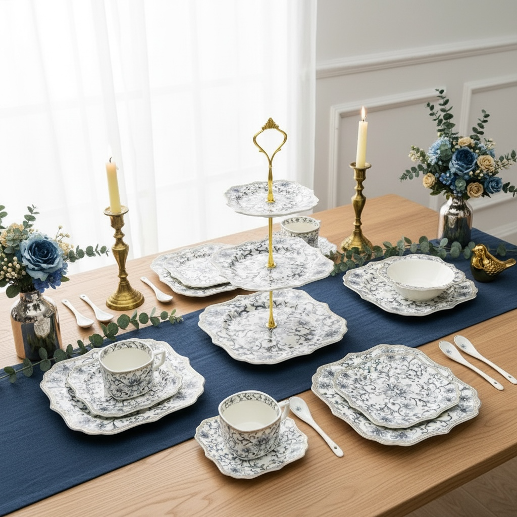 Somerset Garden Tea-Snack-Desert Stand Set (31 Pieces; 6 Cups, 6 Saucers, 6 Snack plates, 6 Bowls & 6 Spoons & 3-Tier Desert Stand)