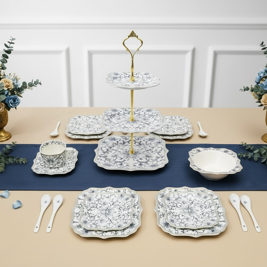Somerset Garden Tea-Snack-Desert Stand Set (31 Pieces; 6 Cups, 6 Saucers, 6 Snack plates, 6 Bowls & 6 Spoons & 3-Tier Desert Stand)