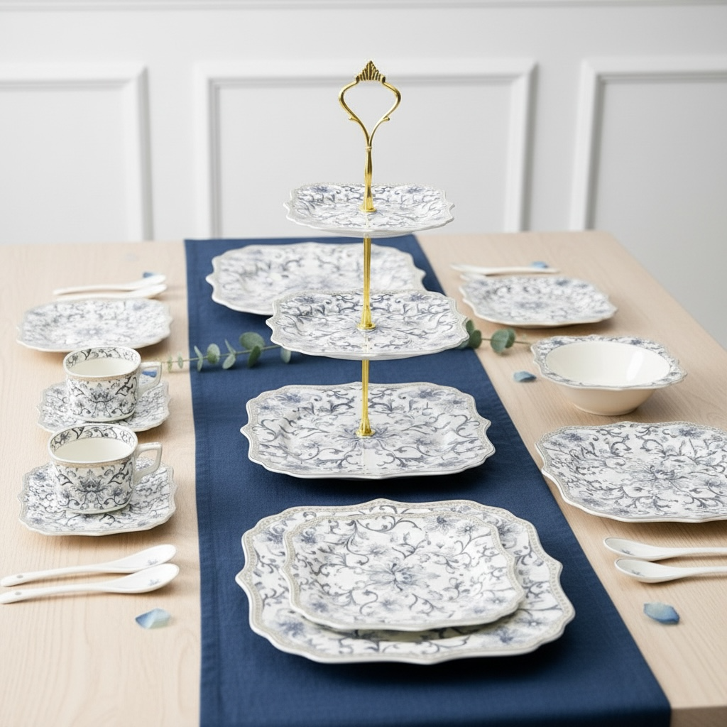 Somerset Garden Tea-Snack-Desert Stand Set (31 Pieces; 6 Cups, 6 Saucers, 6 Snack plates, 6 Bowls & 6 Spoons & 3-Tier Desert Stand)