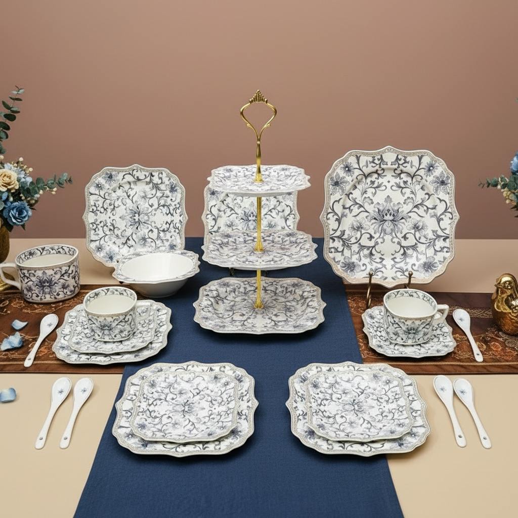 Somerset Garden Tea-Snack-Desert Stand Set (31 Pieces; 6 Cups, 6 Saucers, 6 Snack plates, 6 Bowls & 6 Spoons & 3-Tier Desert Stand)