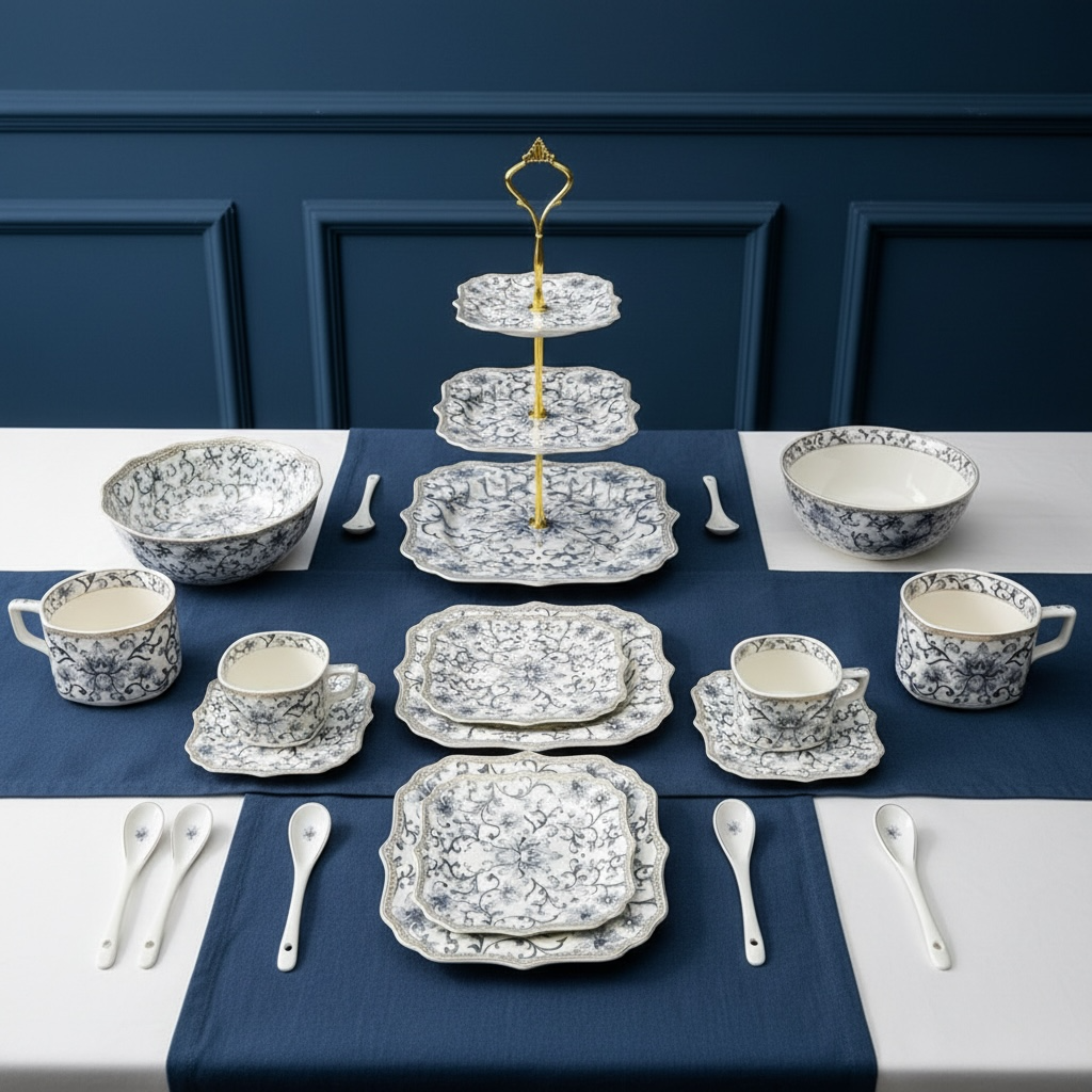Somerset Garden Tea-Snack-Desert Stand Set (31 Pieces; 6 Cups, 6 Saucers, 6 Snack plates, 6 Bowls & 6 Spoons & 3-Tier Desert Stand)